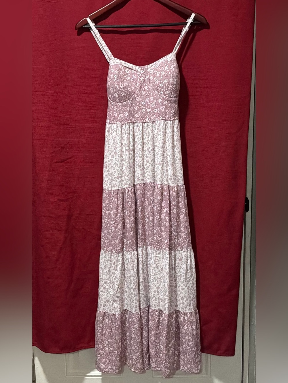 Bohemian Pink Floral Tiered Maxi Dress with Adjustable Straps